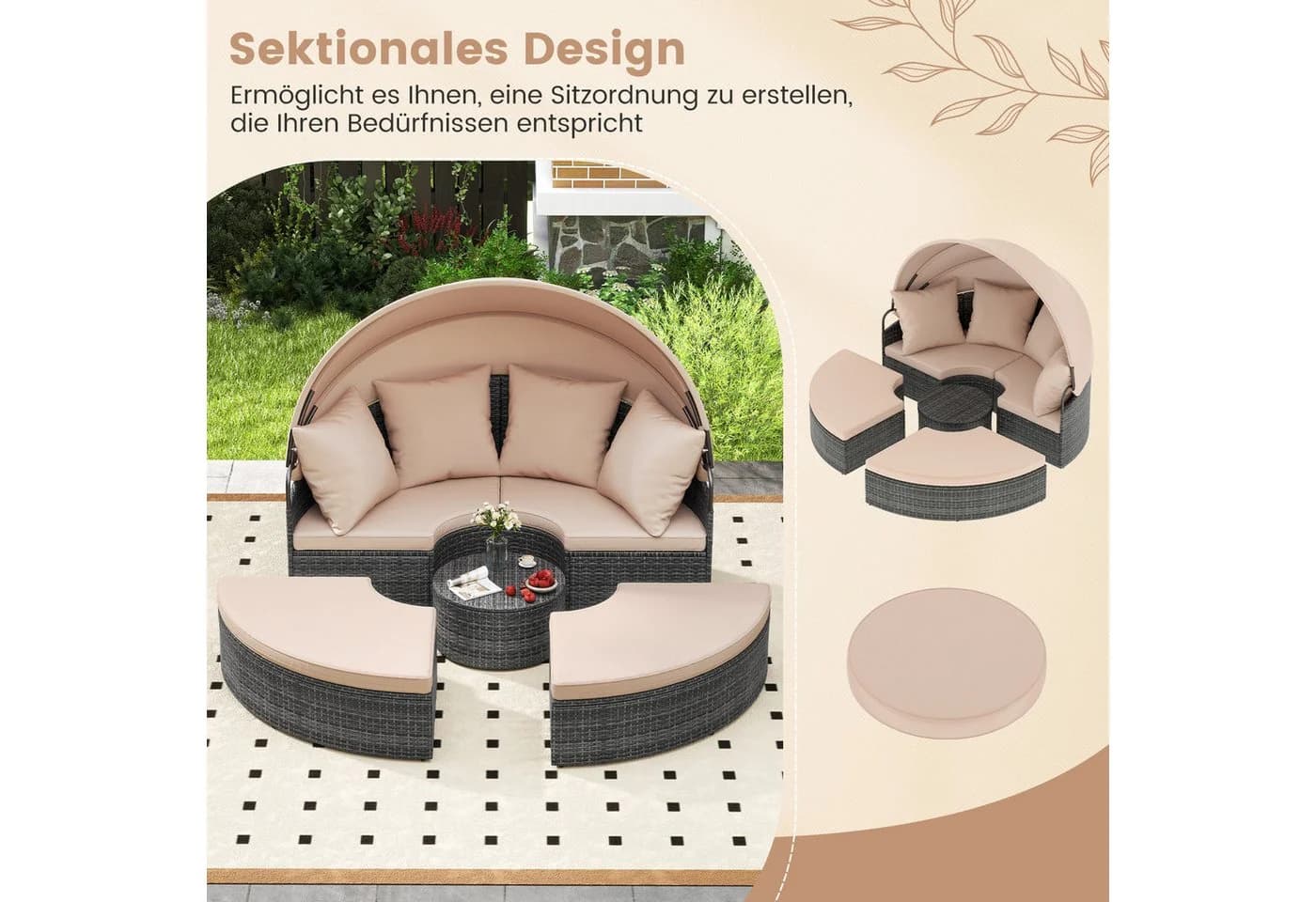 COSTWAY Sonneninsel Rattan mit Vordach und Kissen Beige - Bild 5