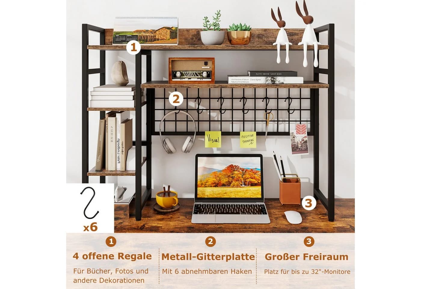 COSTWAY Schreibtischregal Aufsatzregal mit Haken Braun Schwarz