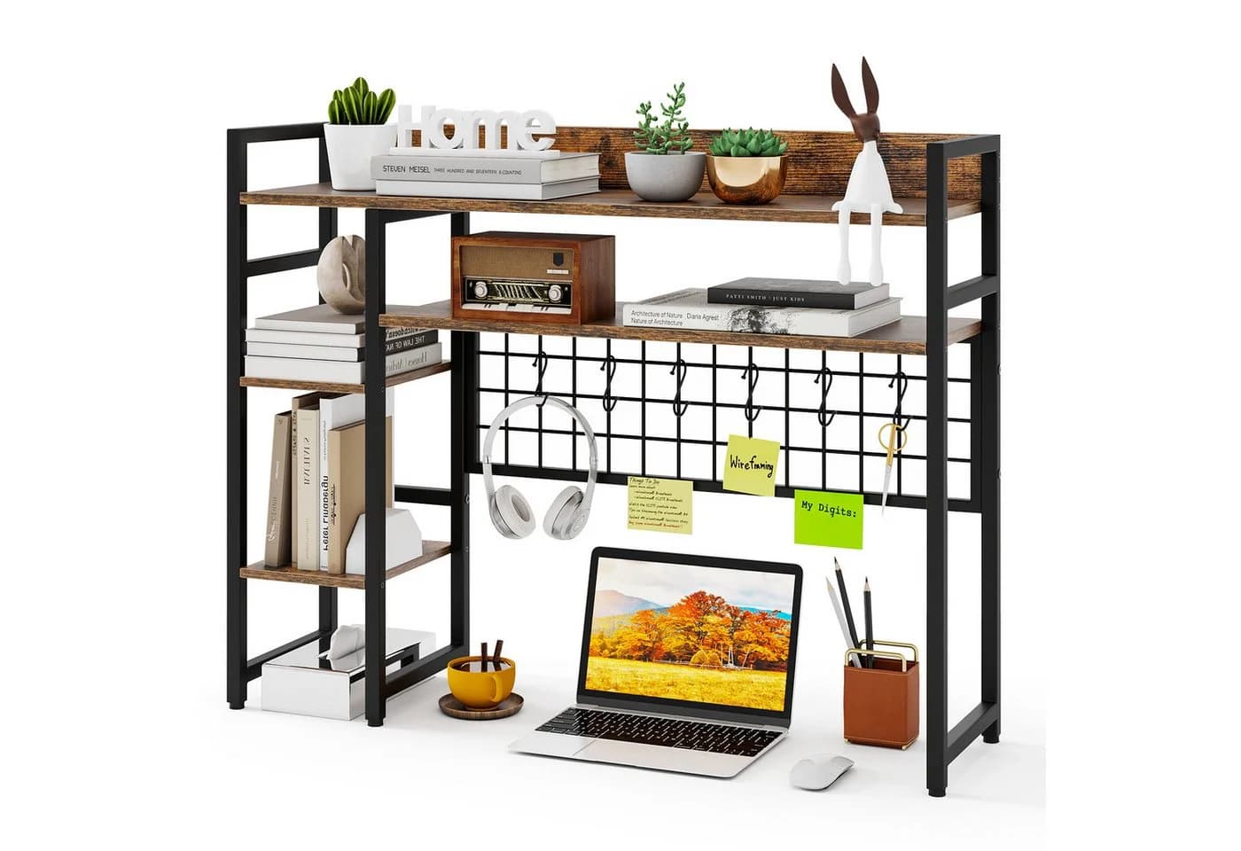 COSTWAY Schreibtischregal Aufsatzregal mit Haken Braun Schwarz - Bild 2