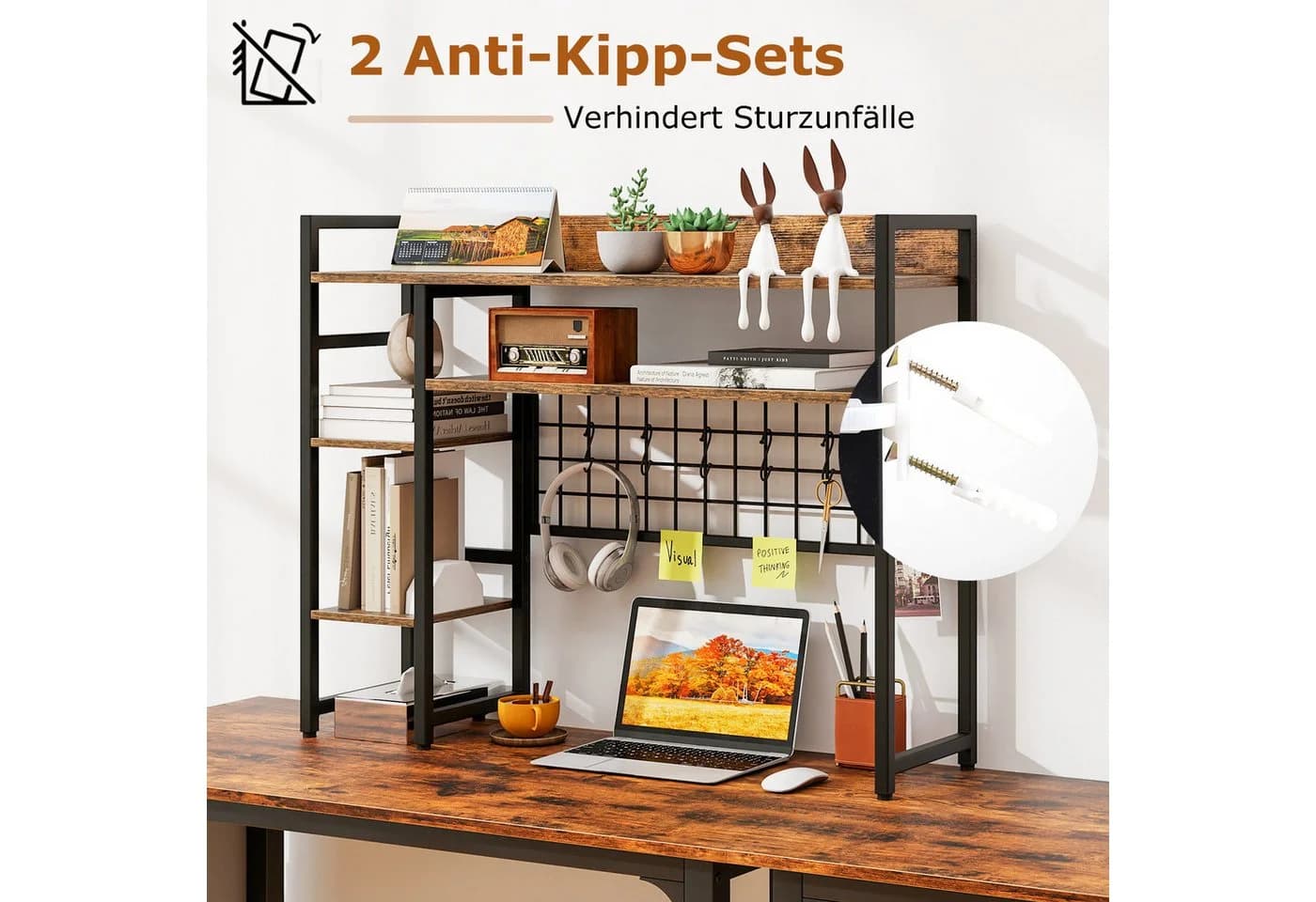 COSTWAY Schreibtischregal Aufsatzregal mit Haken Braun Schwarz - Bild 3