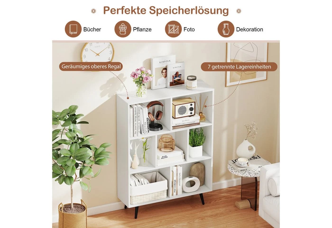 KOMFOTTEU Bücherregal Standregal weiß mit Metallbeinen und Kippschutz - Bild 4