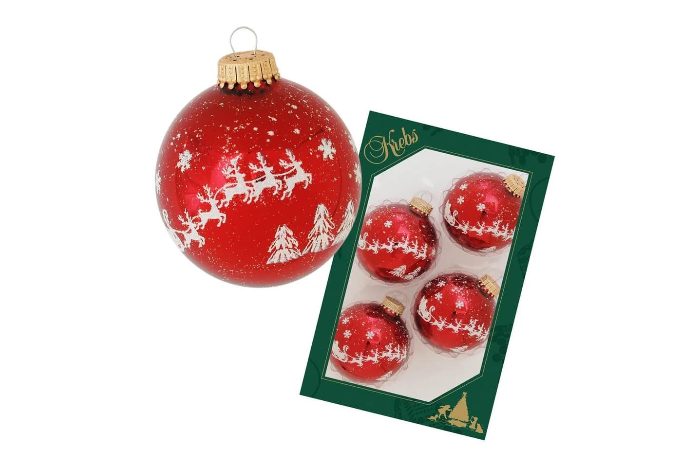 Krebs Glas Lauscha Weihnachtsbaumkugel 4er Set Rot mit Sternen und Rentieren
