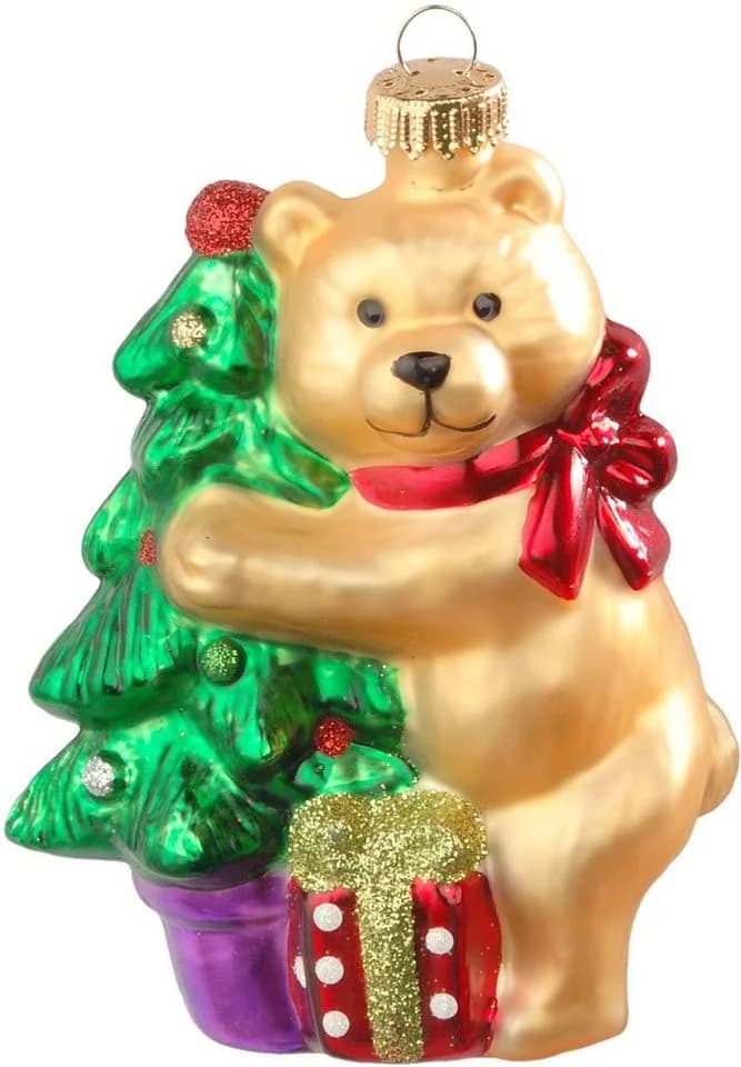 Krebs Glas Lauscha Christbaumschmuck CBK01001, Bär mit Weihnachtsbaum, Glasornament