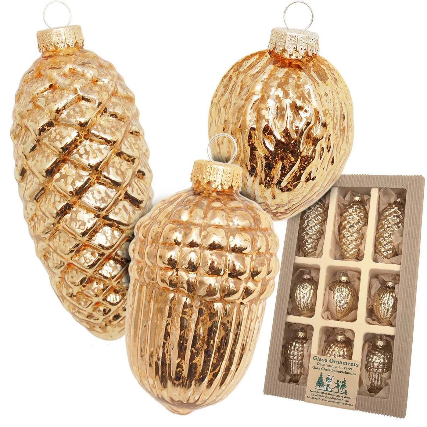 Krebs Glas Lauscha Christbaumschmuck Antikes Glas Nüsse & Zapfen (9-tlg.)