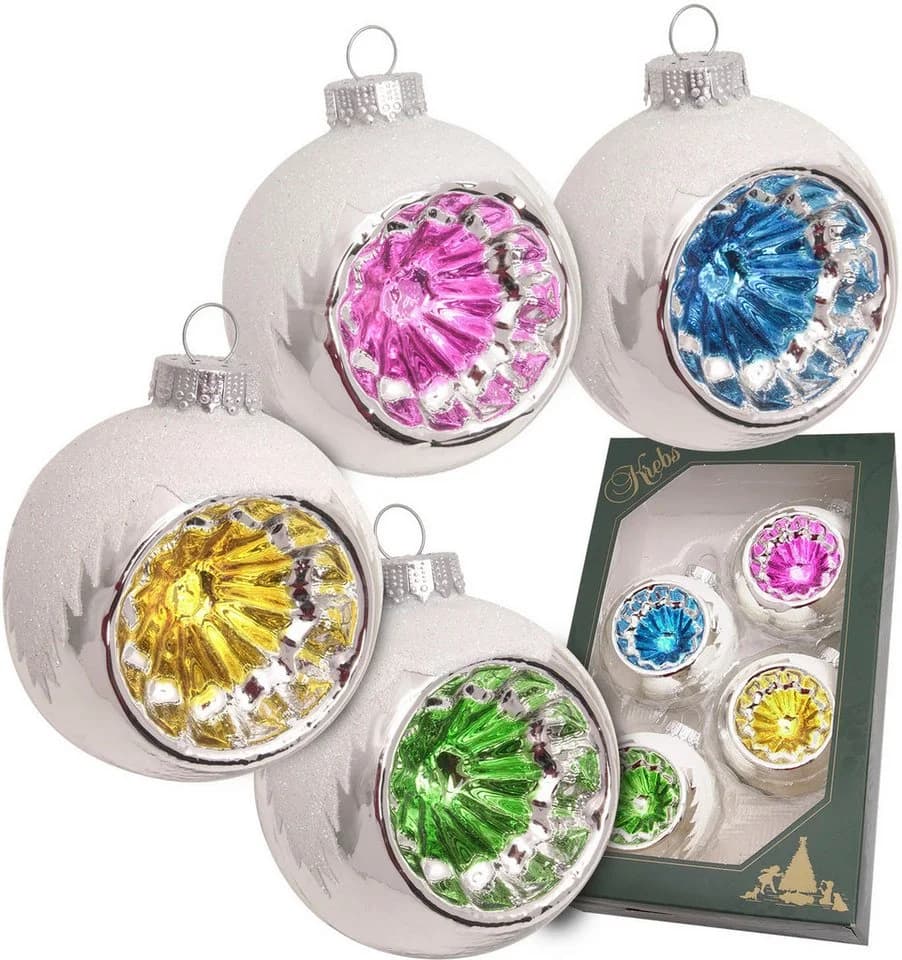 Krebs Glas Lauscha Christbaumschmuck Retro Reflexkugeln mit Schneedach 4-tlg.