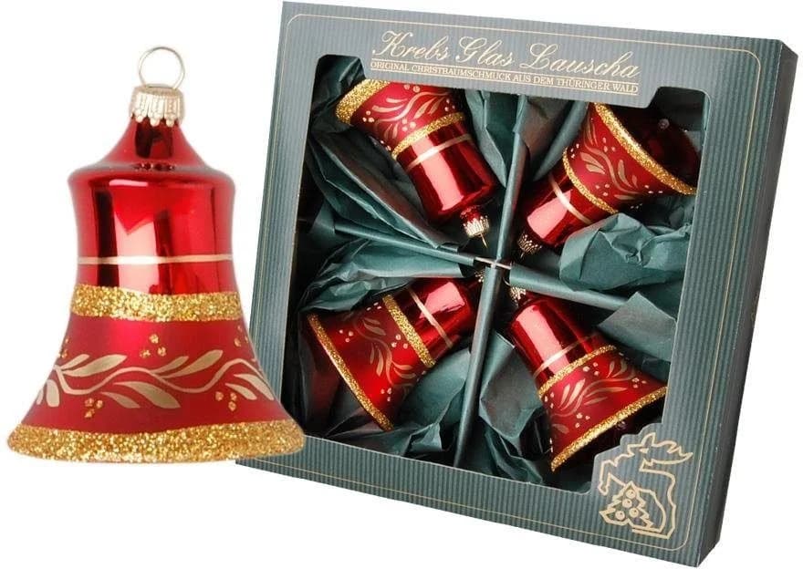 Krebs Glas Lauscha Christbaumschmuck Glocken rot goldfarben 4-tlg. 7cm
