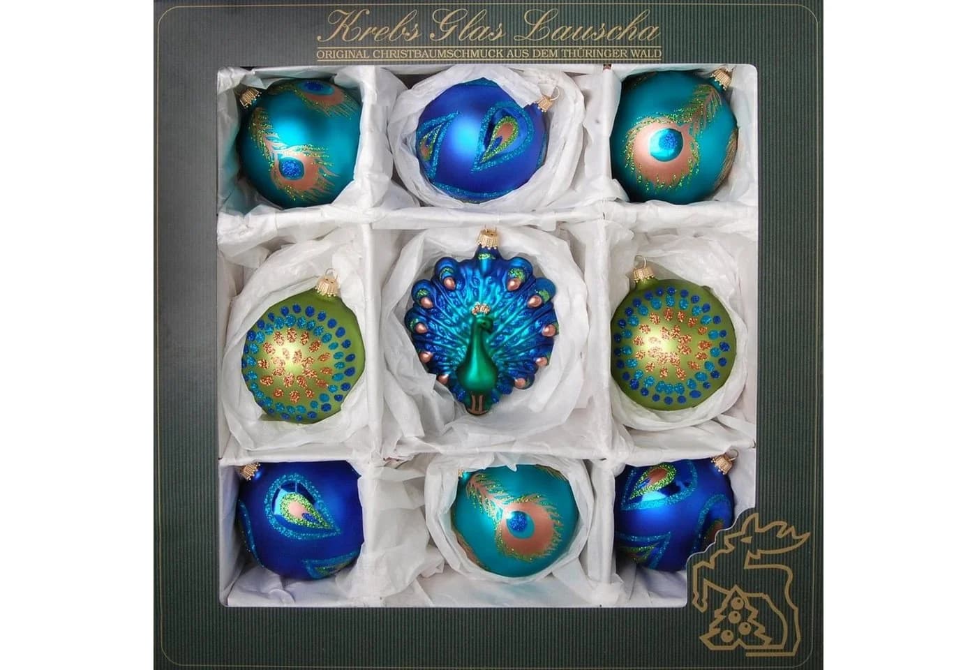 Krebs Glas Lauscha Christbaumschmuck Set 9-tlg. Blau/Gold Pfauen-Design