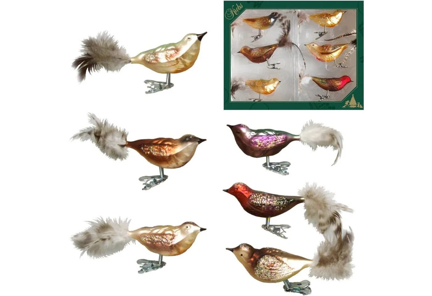 Krebs Glas Lauscha Weihnachtsbaumklammer Waldvögel 6-tlg. Mundgeblasen
