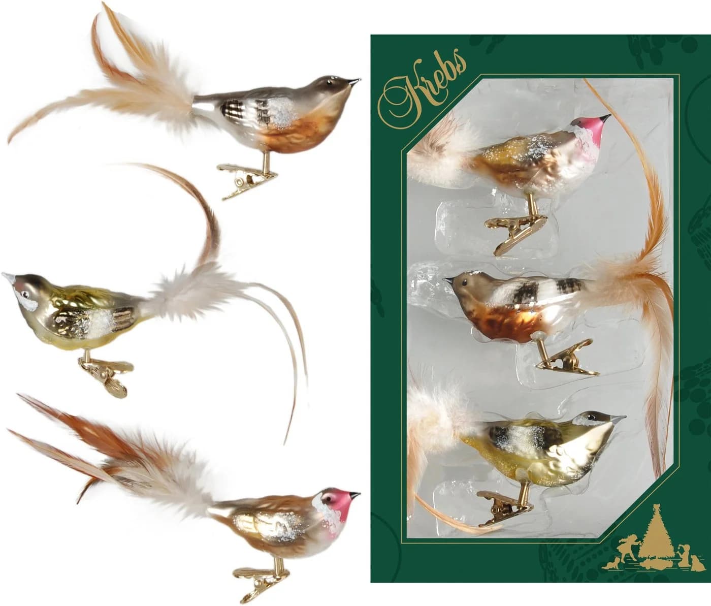 Krebs Glas Lauscha Weihnachtsbaumklammer Glasvögel 3er Set Natur 11cm
