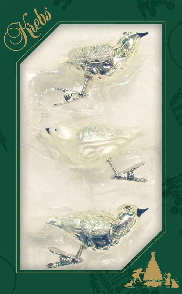 Krebs Glas Lauscha Weihnachtsbaumklammer 3-tlg. Vogel Silber