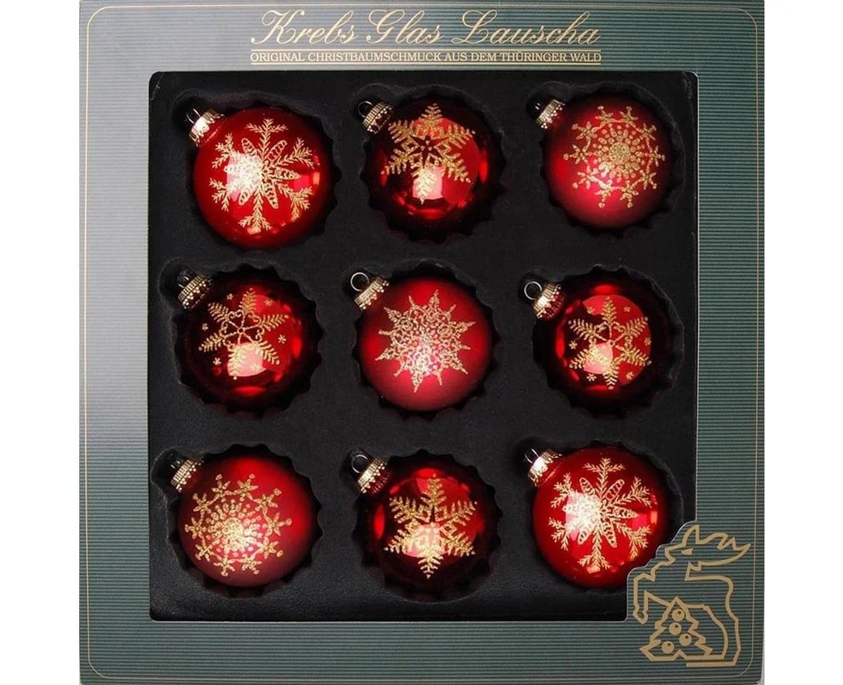 Krebs Glas Lauscha Weihnachtsbaumkugel Schneeflocke Rot/Gold 8 cm