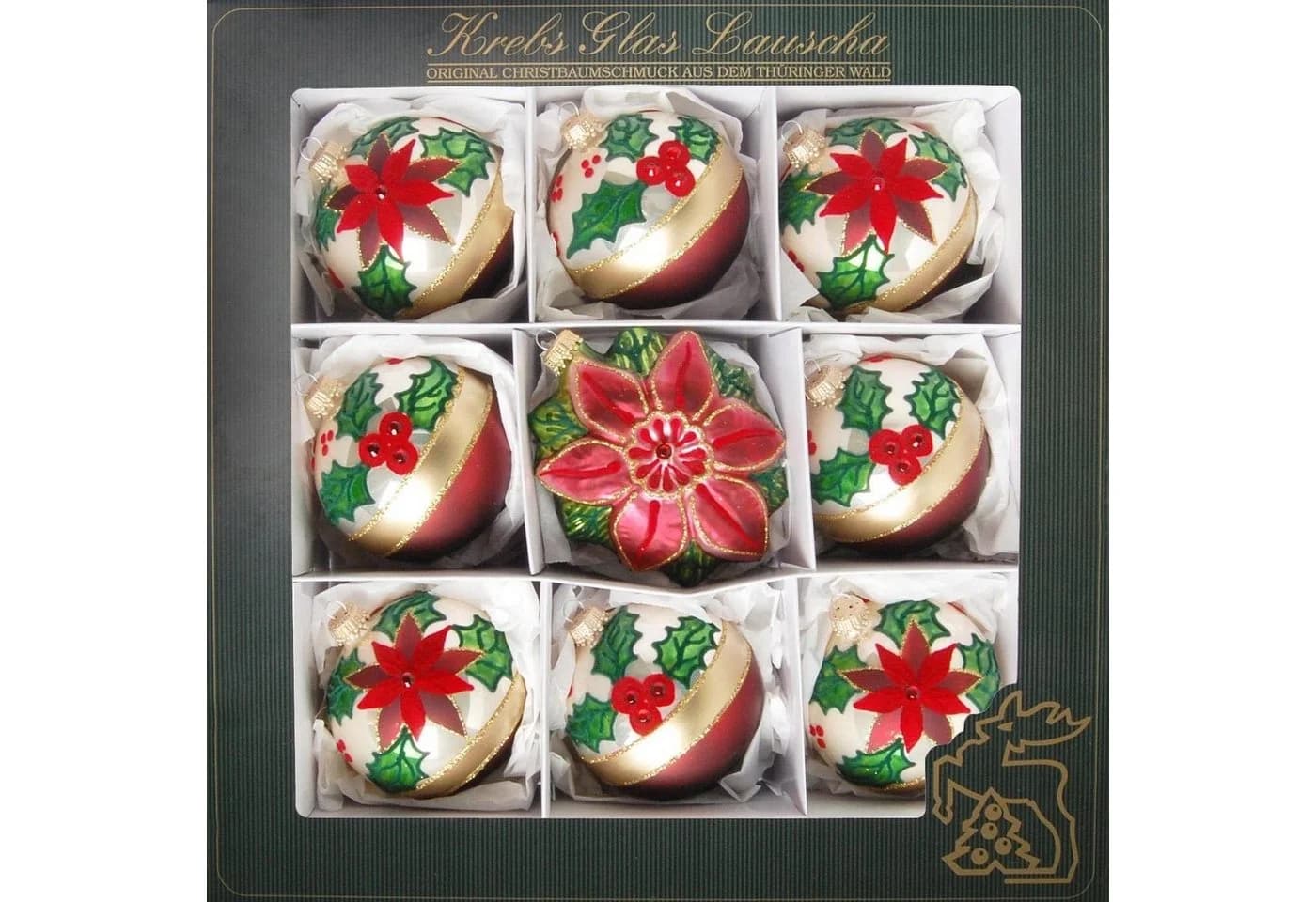 Krebs Glas Lauscha 9-tlg. Weihnachtsbaumkugeln Glas Gold/Grün