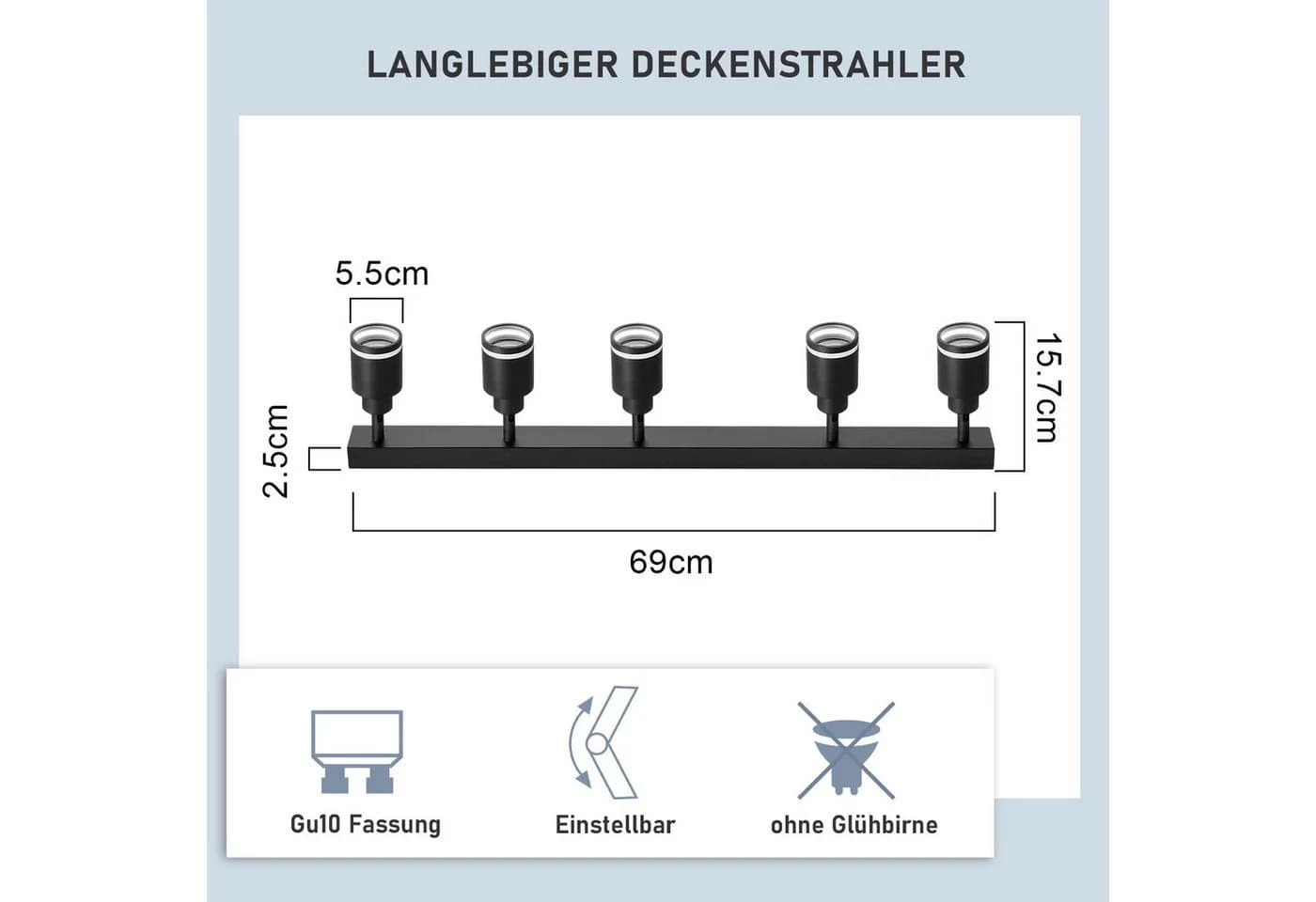 ZMH Deckenstrahler 5-flammig Schwarz Schwenkbar 355° GU10
