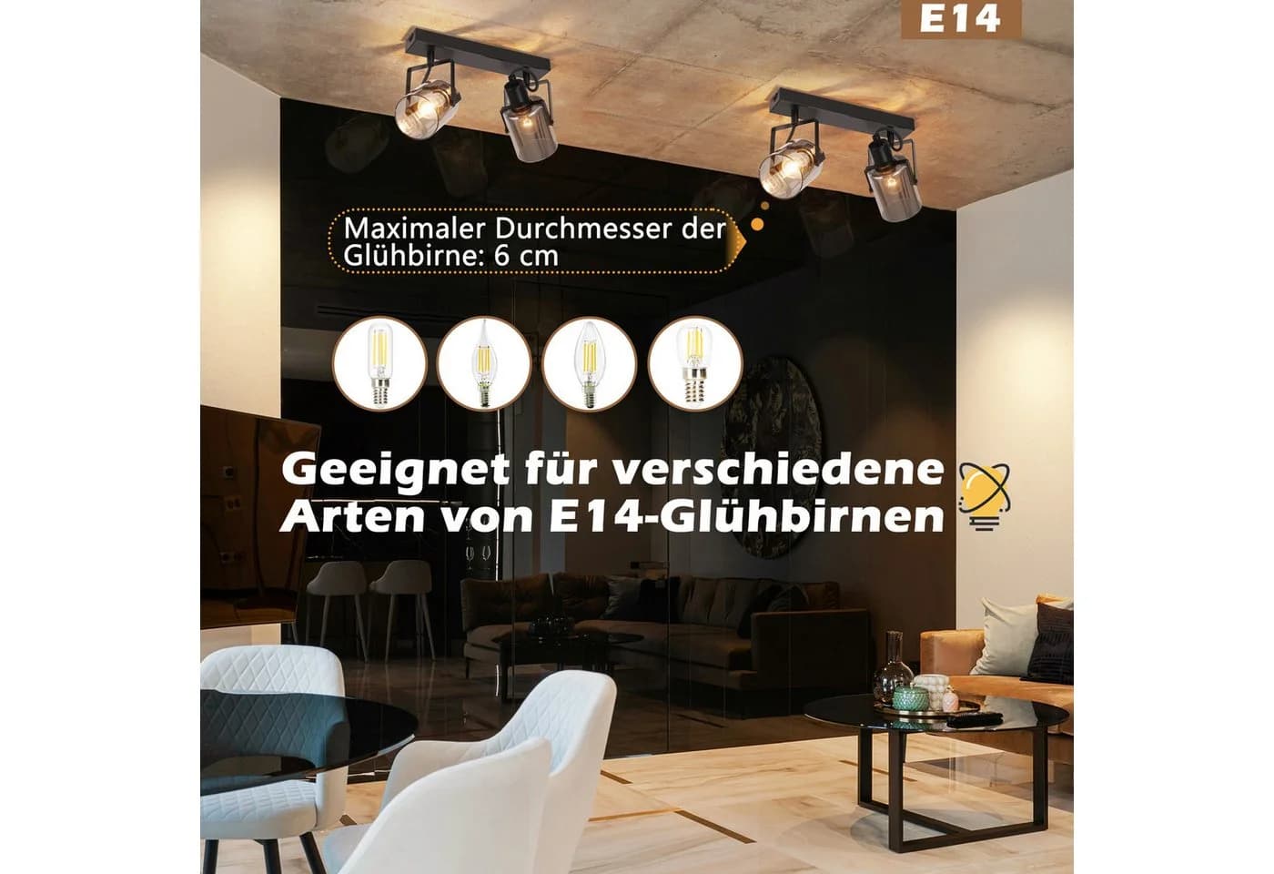 ZMH LED Deckenleuchte Schwarz-Rauchgrau Glas E14 Schwenkbar 350° - Bild 5
