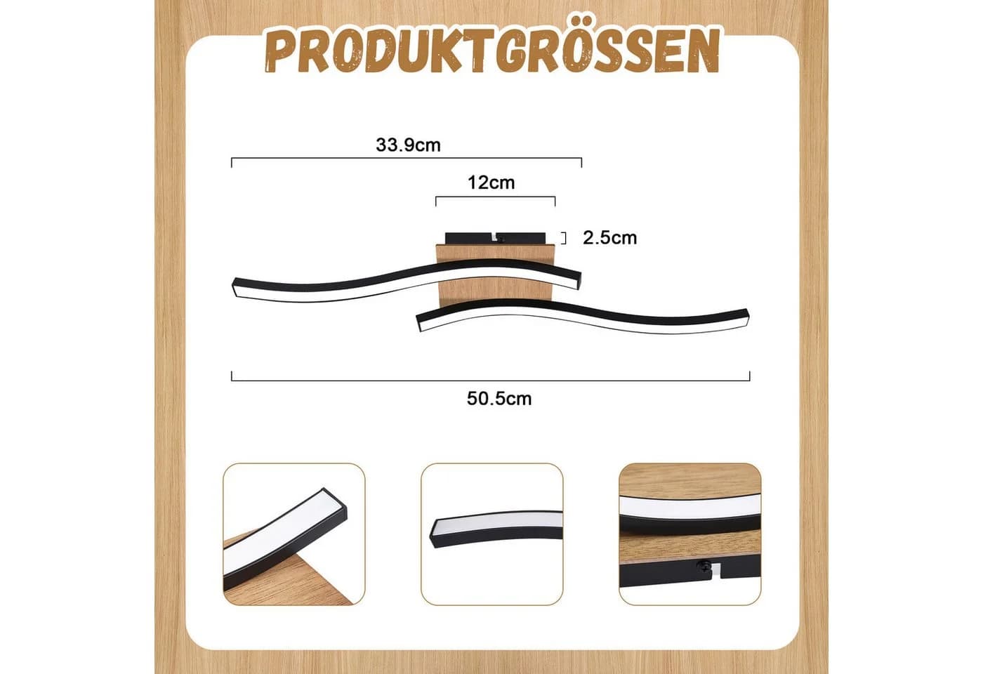 ZMH LED Deckenleuchte Holz Schwarz Wellenförmig Modern 1280lm 3000K