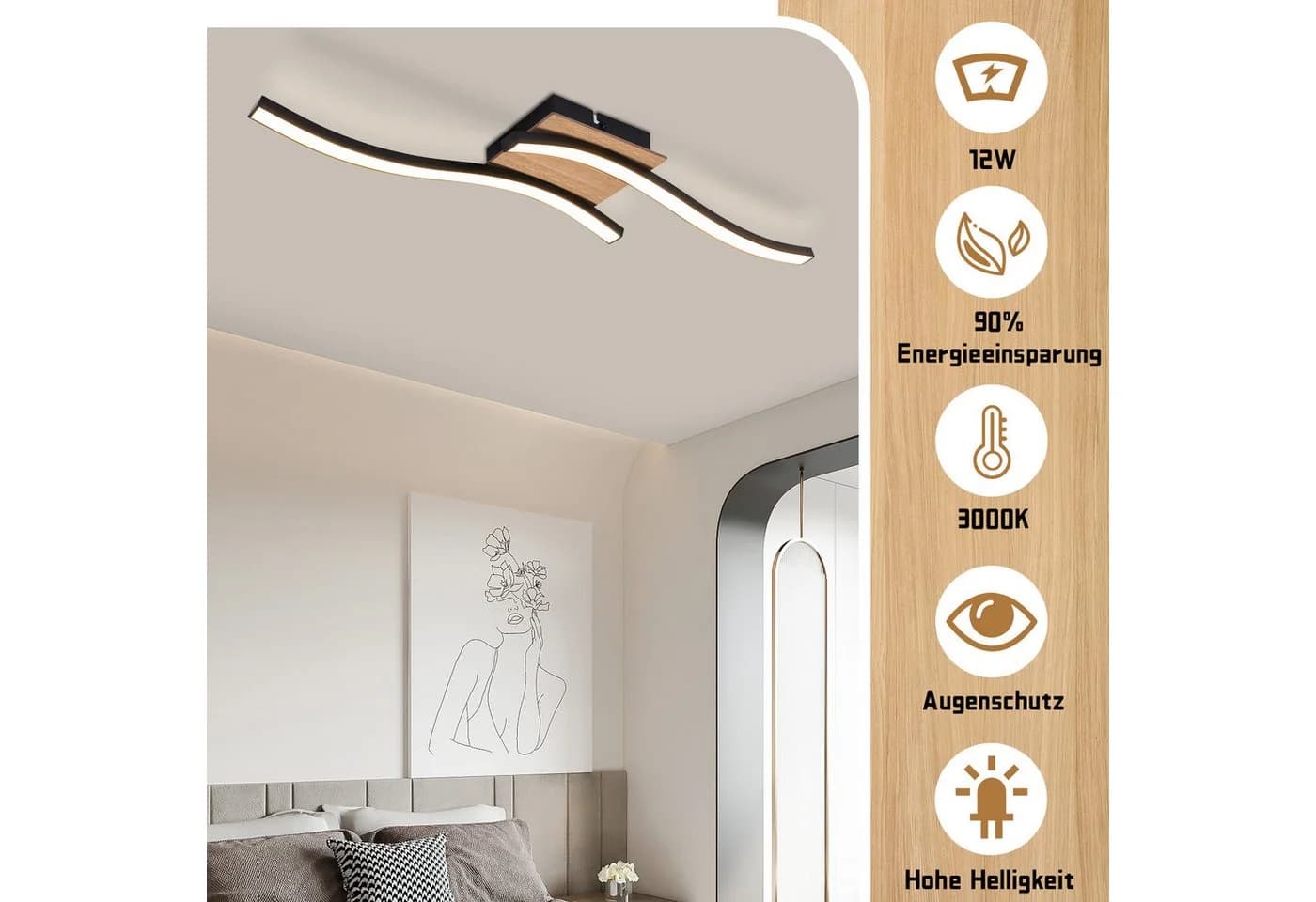 ZMH LED Deckenleuchte Holz Schwarz Wellenförmig Modern 1280lm 3000K - Bild 5