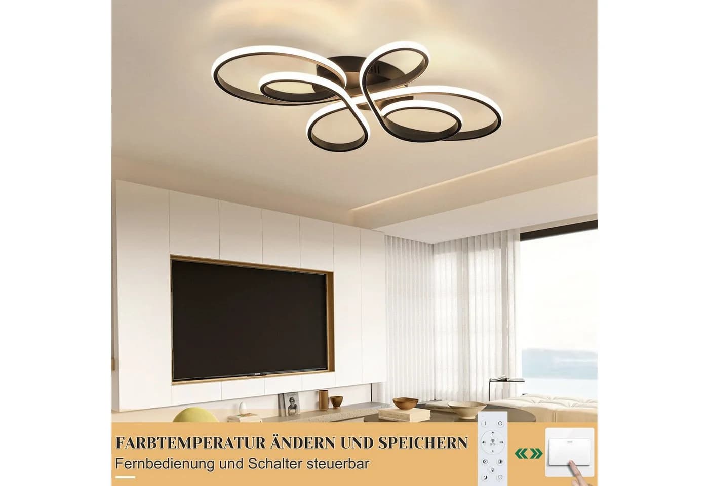 Nettlife LED Deckenleuchte Wohnzimmer Schwarz Dimmbar Modern 80CM Deckenlampe - Bild 5