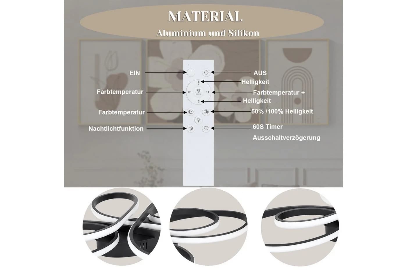 Nettlife LED Deckenleuchte Wohnzimmer Schwarz Dimmbar Modern 100CM Deckenlampe - Bild 4