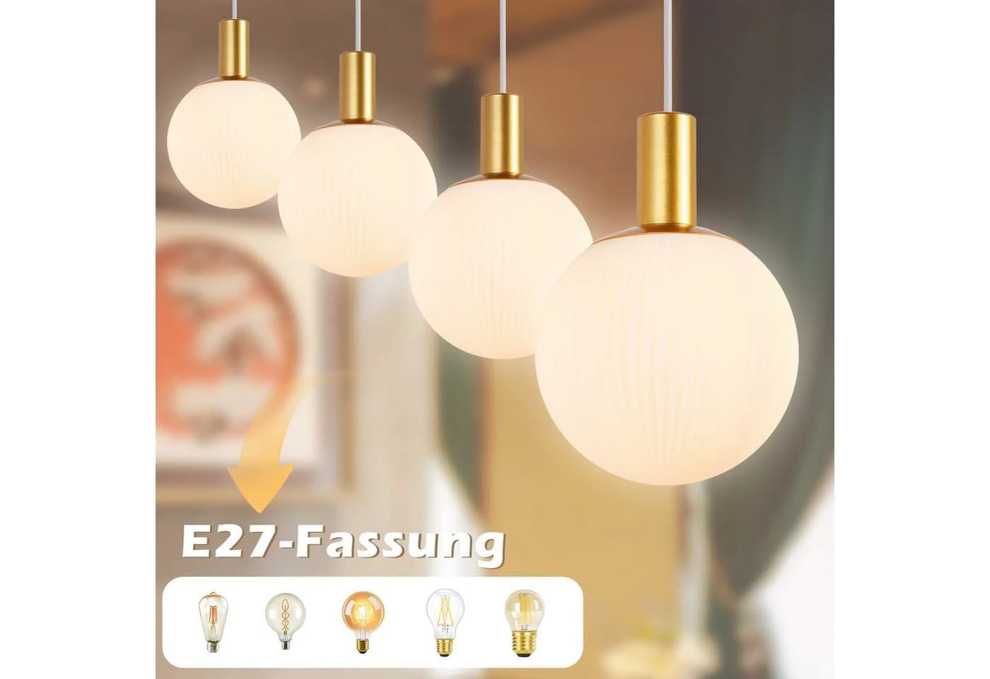 Nettlife Hängeleuchte Esstisch Glas E27 Gold 3/4 Flammig Höhenverstellbar Pendelleuchte