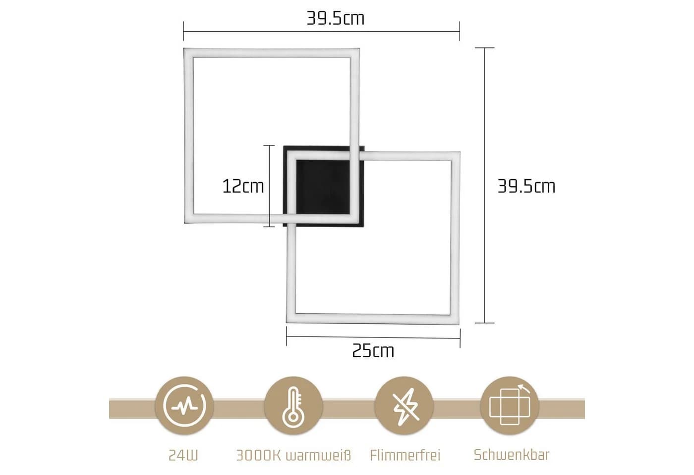 ZMH LED Deckenleuchte Schwarz Quadratisch Modern 3000K