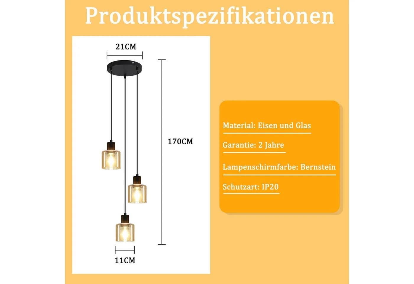 ZMH Pendelleuchte Schwarz/Berstein Vintage Hängeleuchte