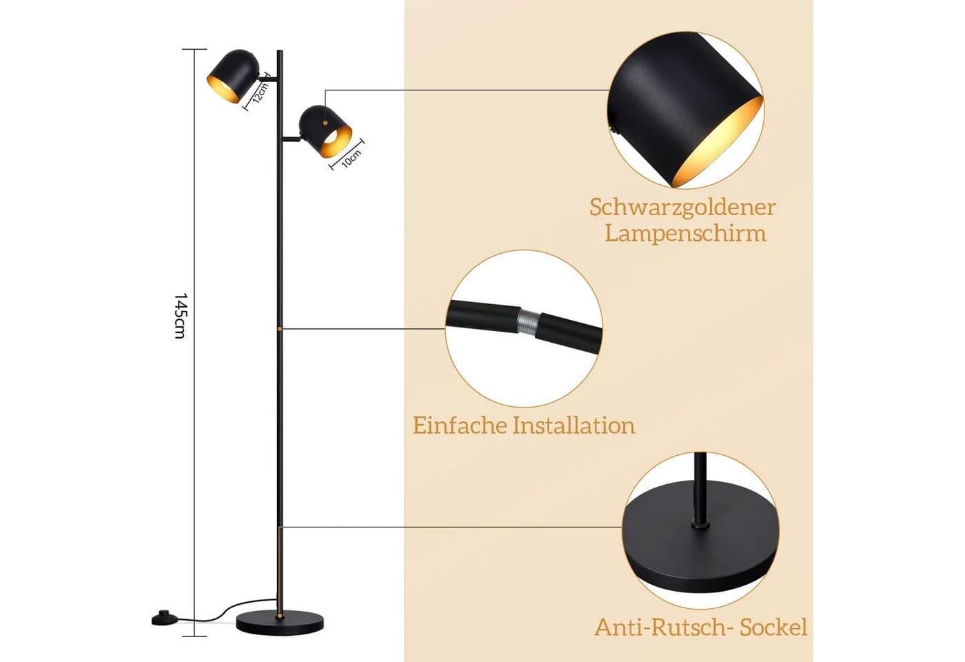 ZMH Stehlampe Schwarz Gold Vintage 2 Flammig 145 cm