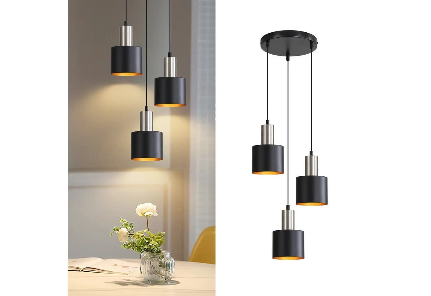 ZMH Pendelleuchte 3-flammig Schwarz Gold Metall E27 Vintage Industrielampe