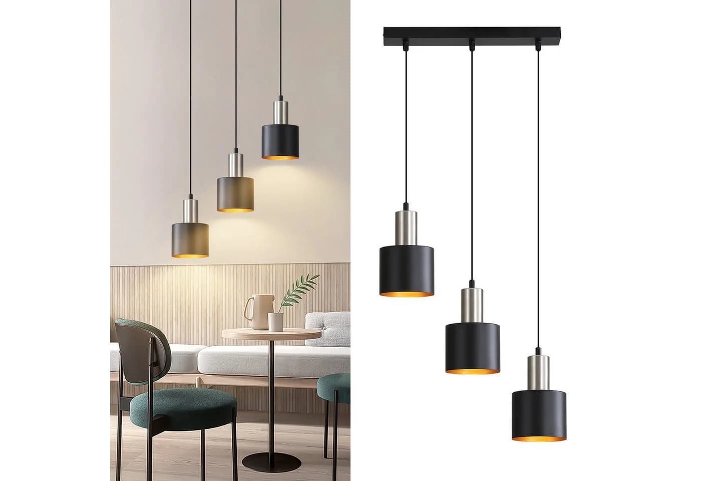 ZMH Pendelleuchte Esszimmer 3 Flammig Schwarz Gold Hängend 170CM
