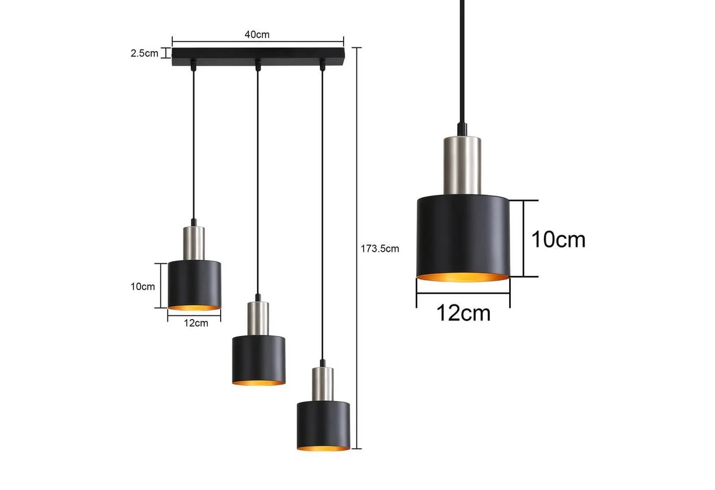 ZMH Pendelleuchte Esszimmer 3 Flammig Schwarz Gold Hängend 170CM - Bild 3