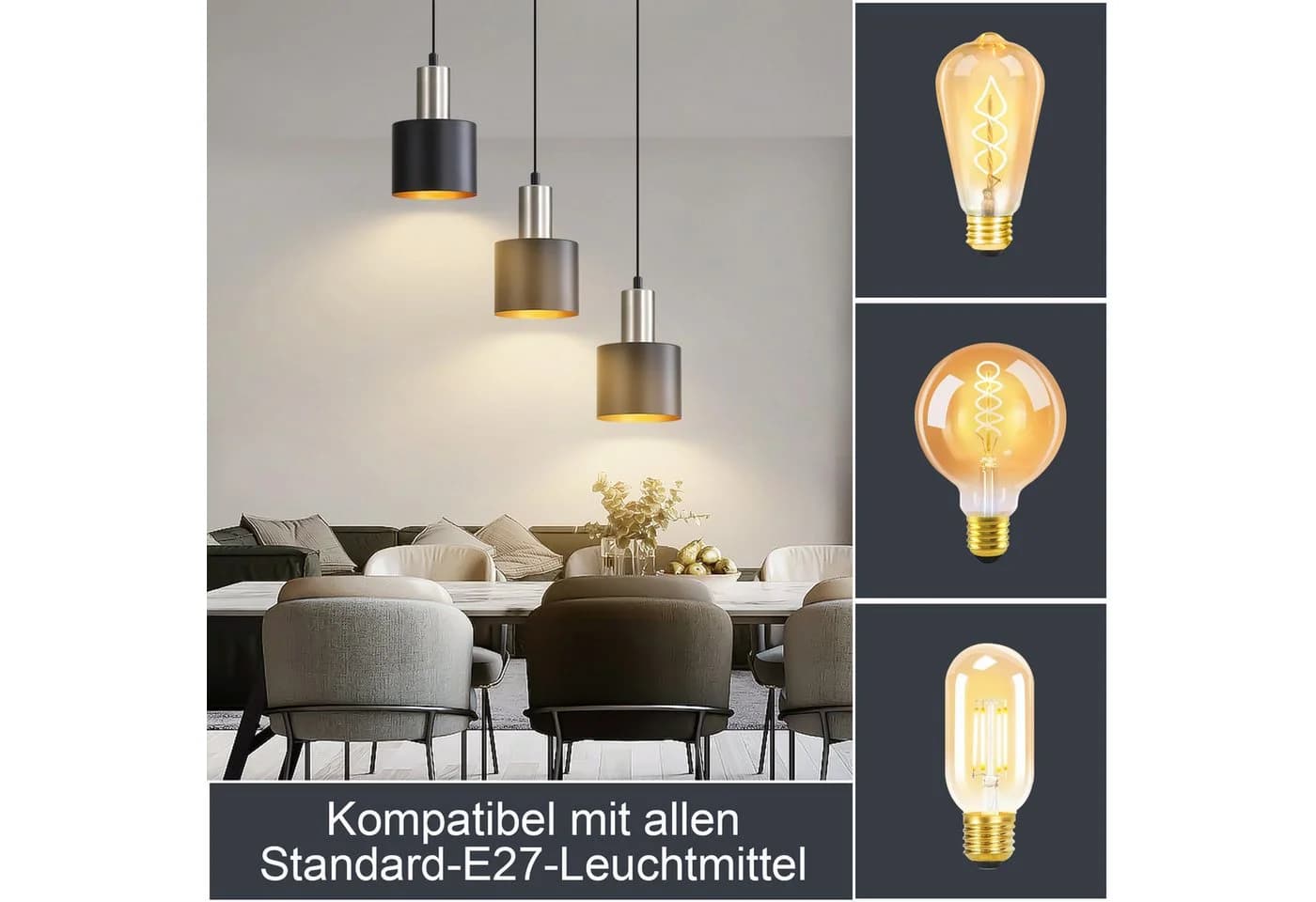 ZMH Pendelleuchte Esszimmer 3 Flammig Schwarz Gold Hängend 170CM - Bild 4