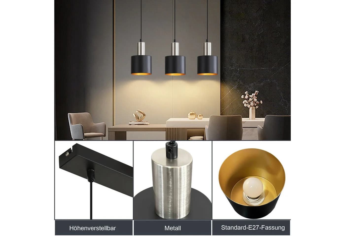 ZMH Pendelleuchte Esszimmer 3 Flammig Schwarz Gold Hängend 170CM - Bild 5