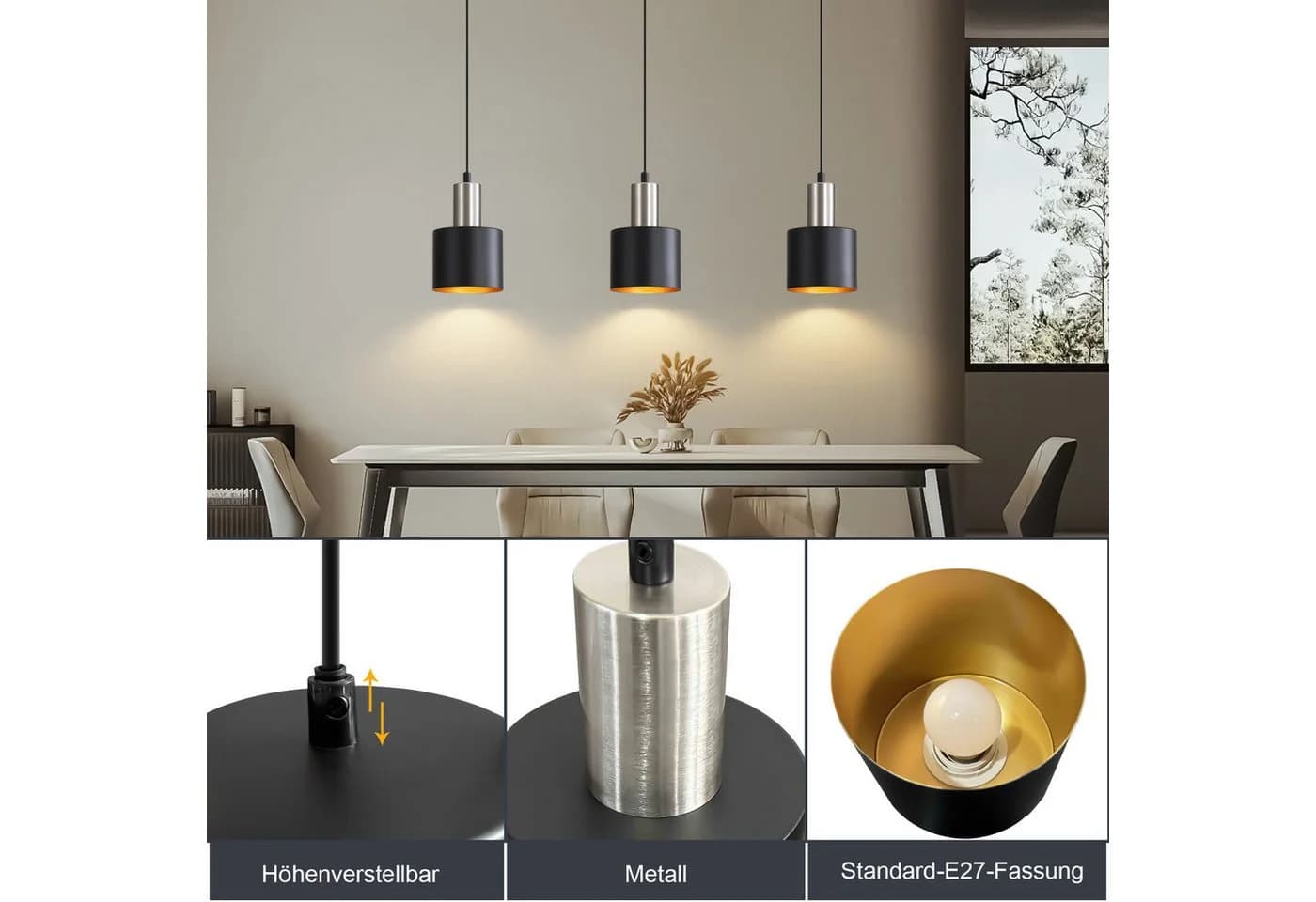 ZMH Pendelleuchte Esszimmer E27 Schwarz-Gold Retro Hängeleuchte - Bild 4