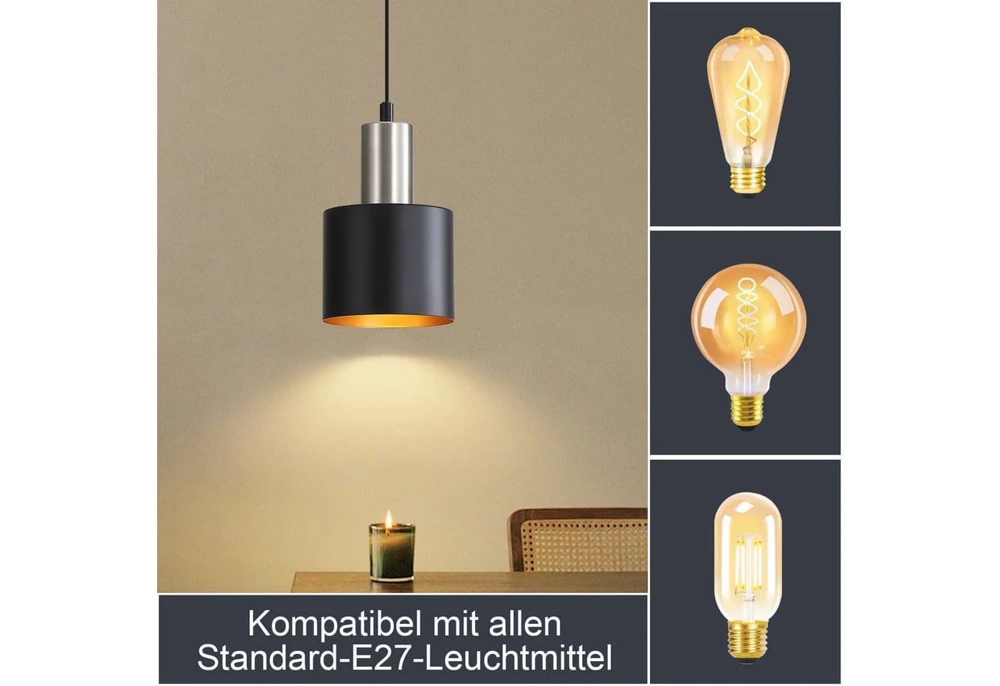 ZMH Pendelleuchte Esszimmer E27 Schwarz-Gold Retro Hängeleuchte - Bild 5