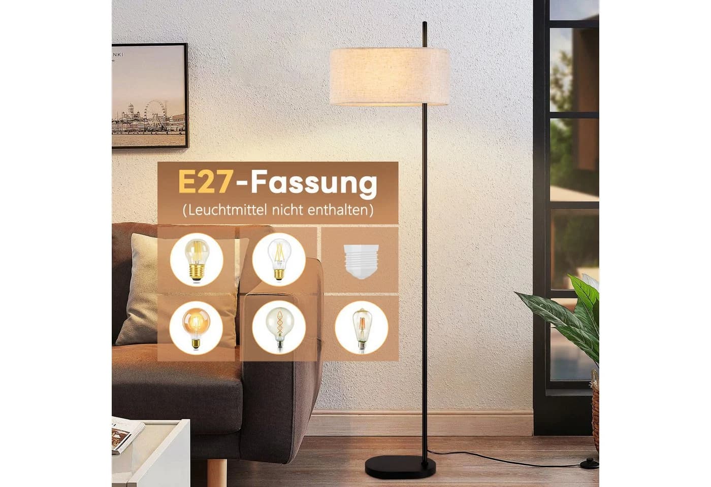 ZMH Stehlampe 154cm Schwarz Stoffschirm E27 Retro