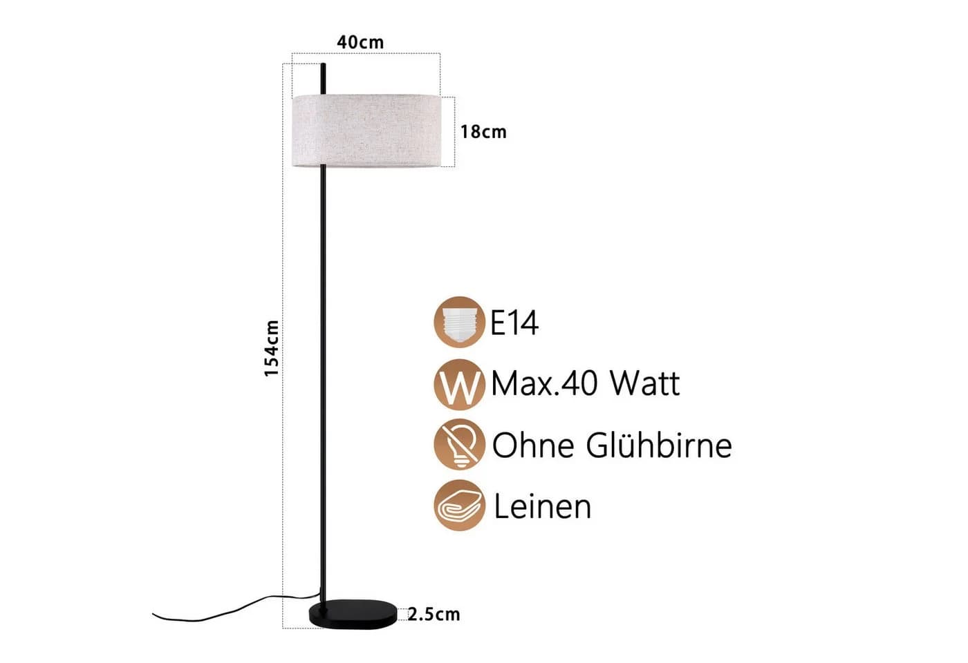 ZMH Stehlampe 154cm Schwarz Stoffschirm E27 Retro - Bild 3