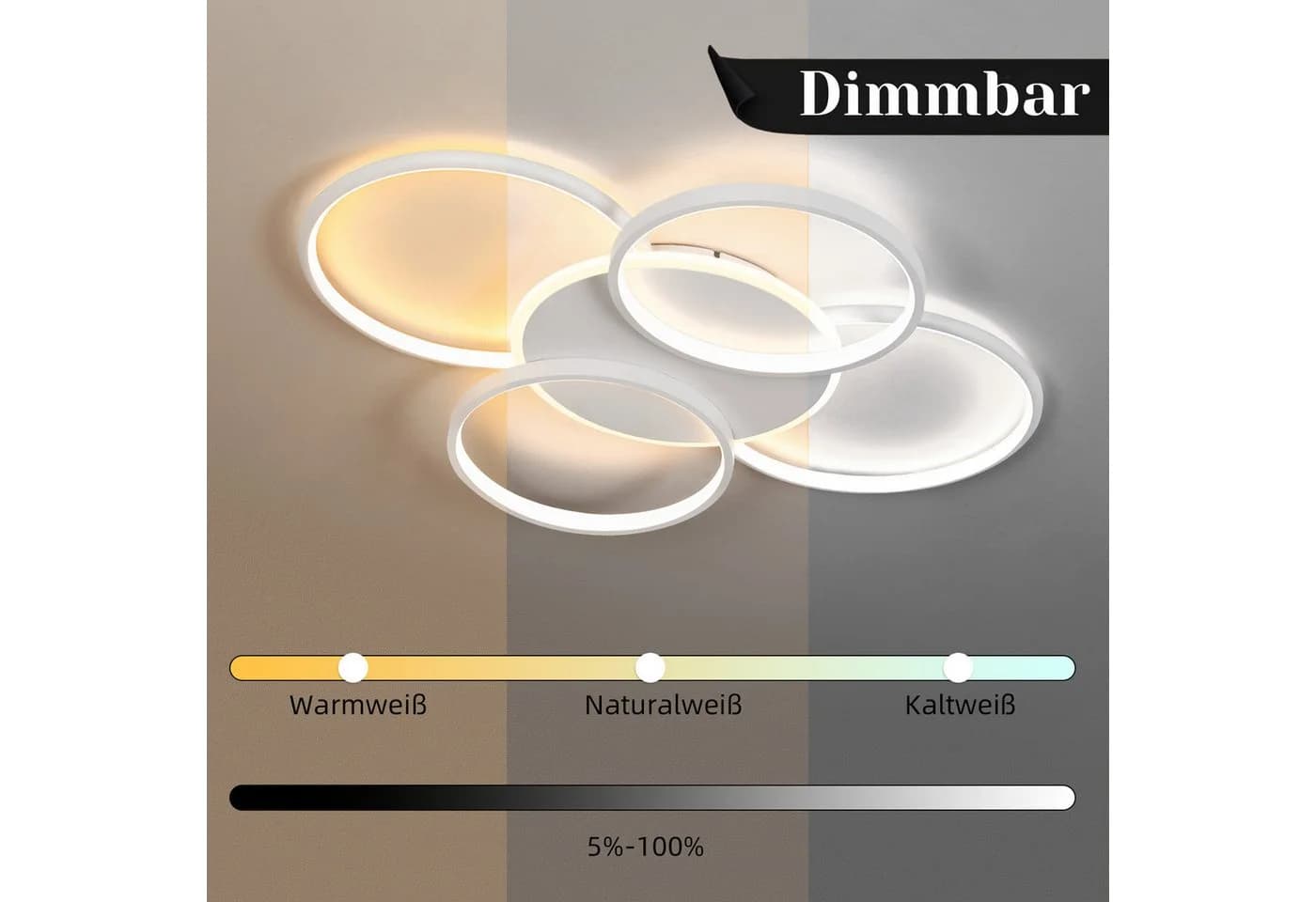 ZMH LED Deckenleuchte Dimmbar 5-Ringe 70W Weiß Modern Acryl - Bild 3