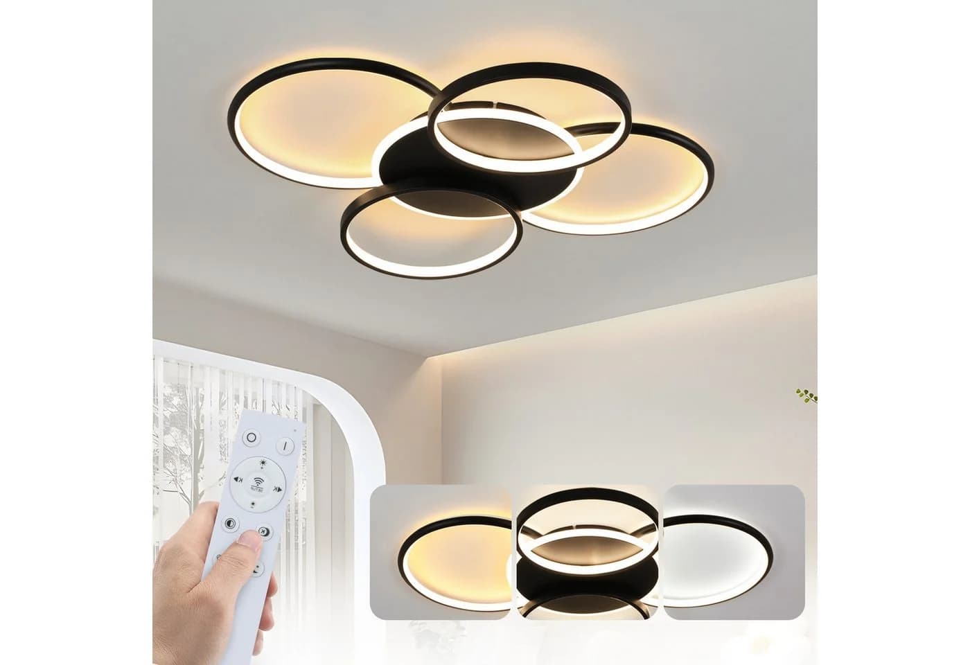 ZMH LED Deckenleuchte Wohnzimmer Dimmbar 5-Ringen 70W Schwarz - Bild 2