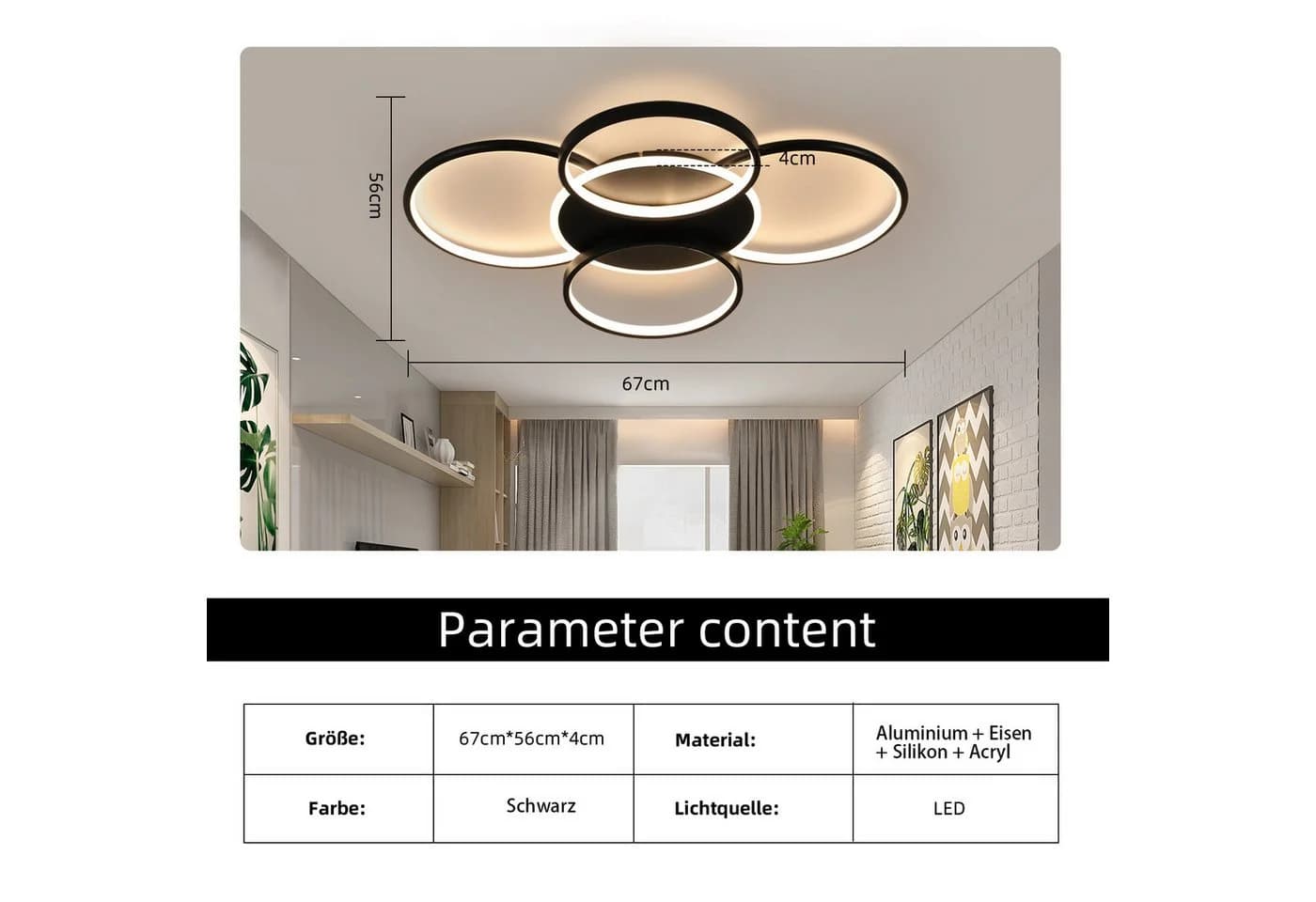 ZMH LED Deckenleuchte Wohnzimmer Dimmbar 5-Ringen 70W Schwarz - Bild 3