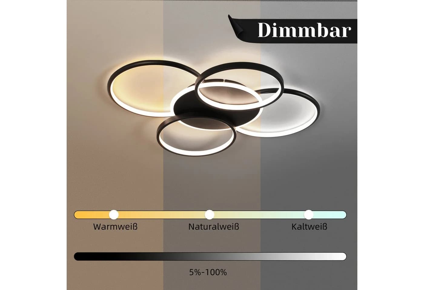 ZMH LED Deckenleuchte Wohnzimmer Dimmbar 5-Ringen 70W Schwarz - Bild 4