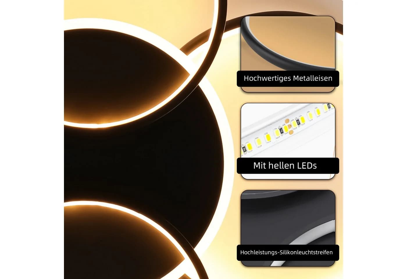 ZMH LED Deckenleuchte Wohnzimmer Dimmbar 5-Ringen 70W Schwarz - Bild 5