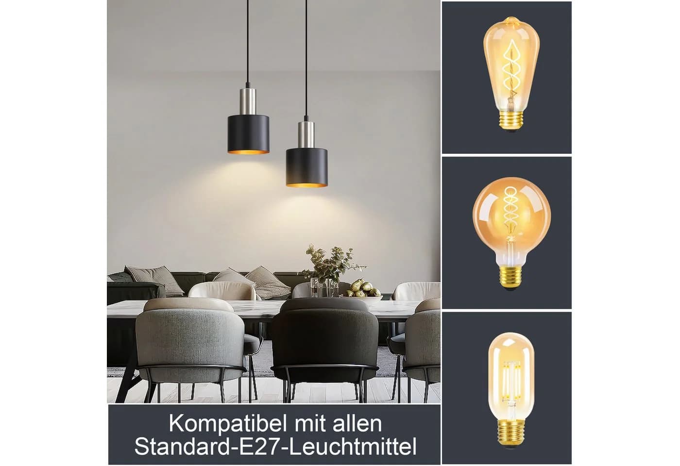 Nettlife Hängeleuchte Schwarz-Gold Vintage 1/2/3 Flammig E27 Pendelleuchte