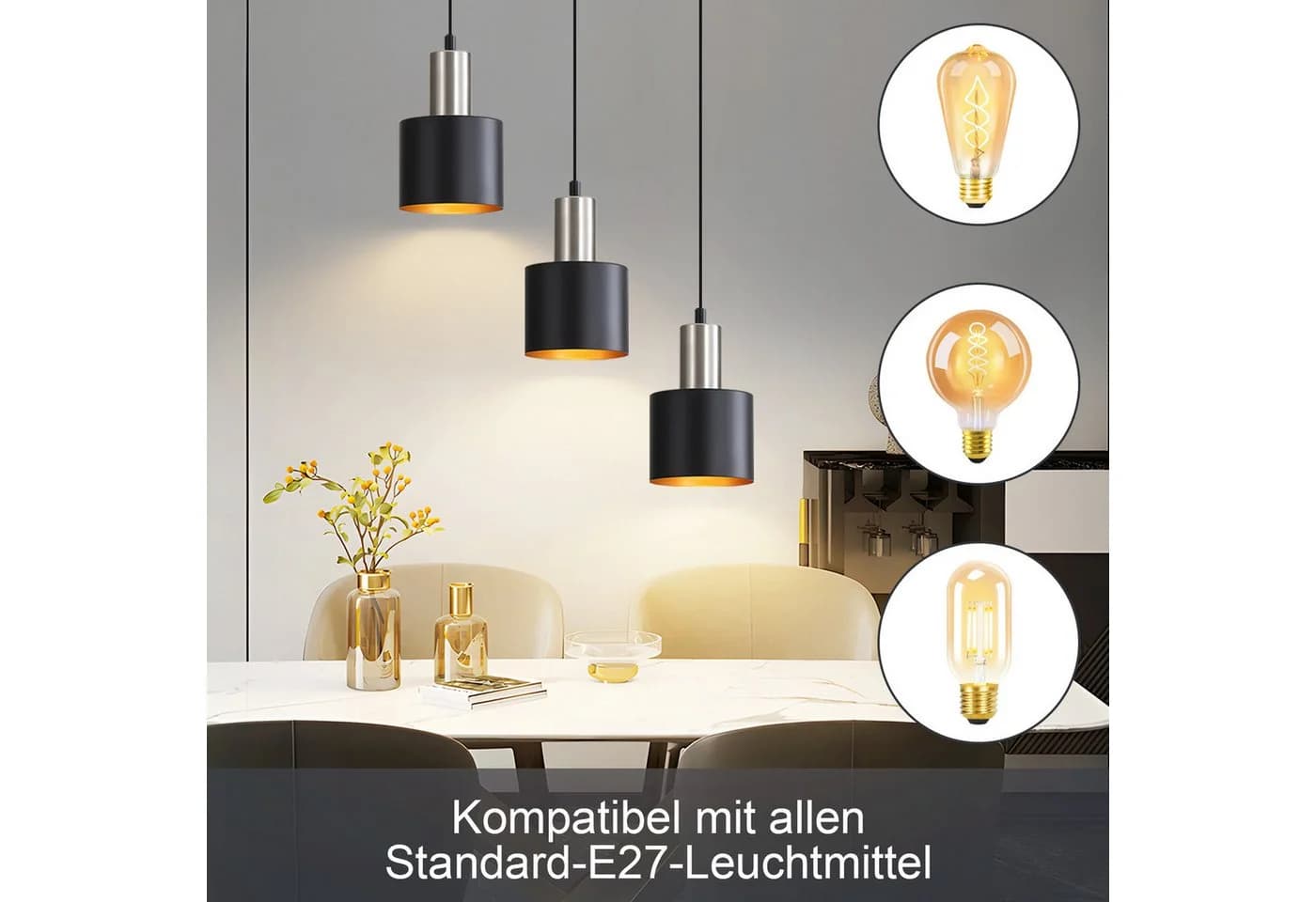 Nettlife Hängeleuchte Schwarz Gold Vintage Pendelleuchte E27