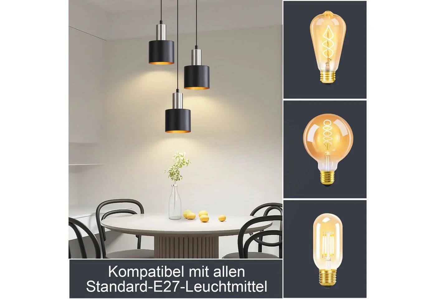 Nettlife Hängeleuchte Schwarz Gold Vintage 1/2/3 Flammig E27 Pendelleuchte