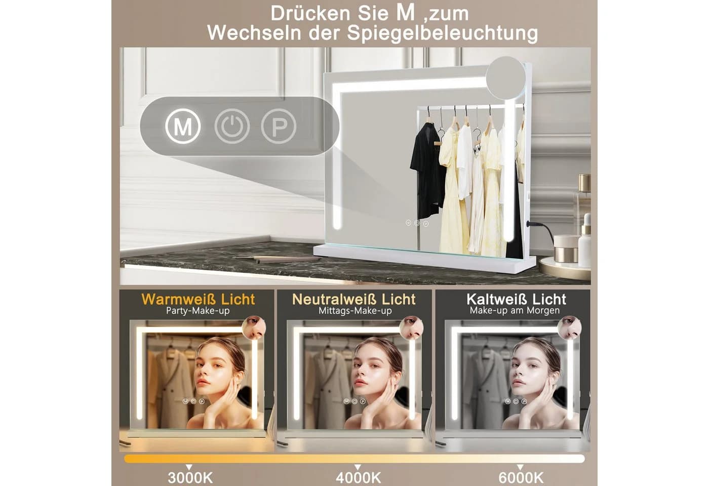 Nettlife Schminkspiegel mit Beleuchtung 50x40cm Dimmbare LED Spiegel - Bild 1