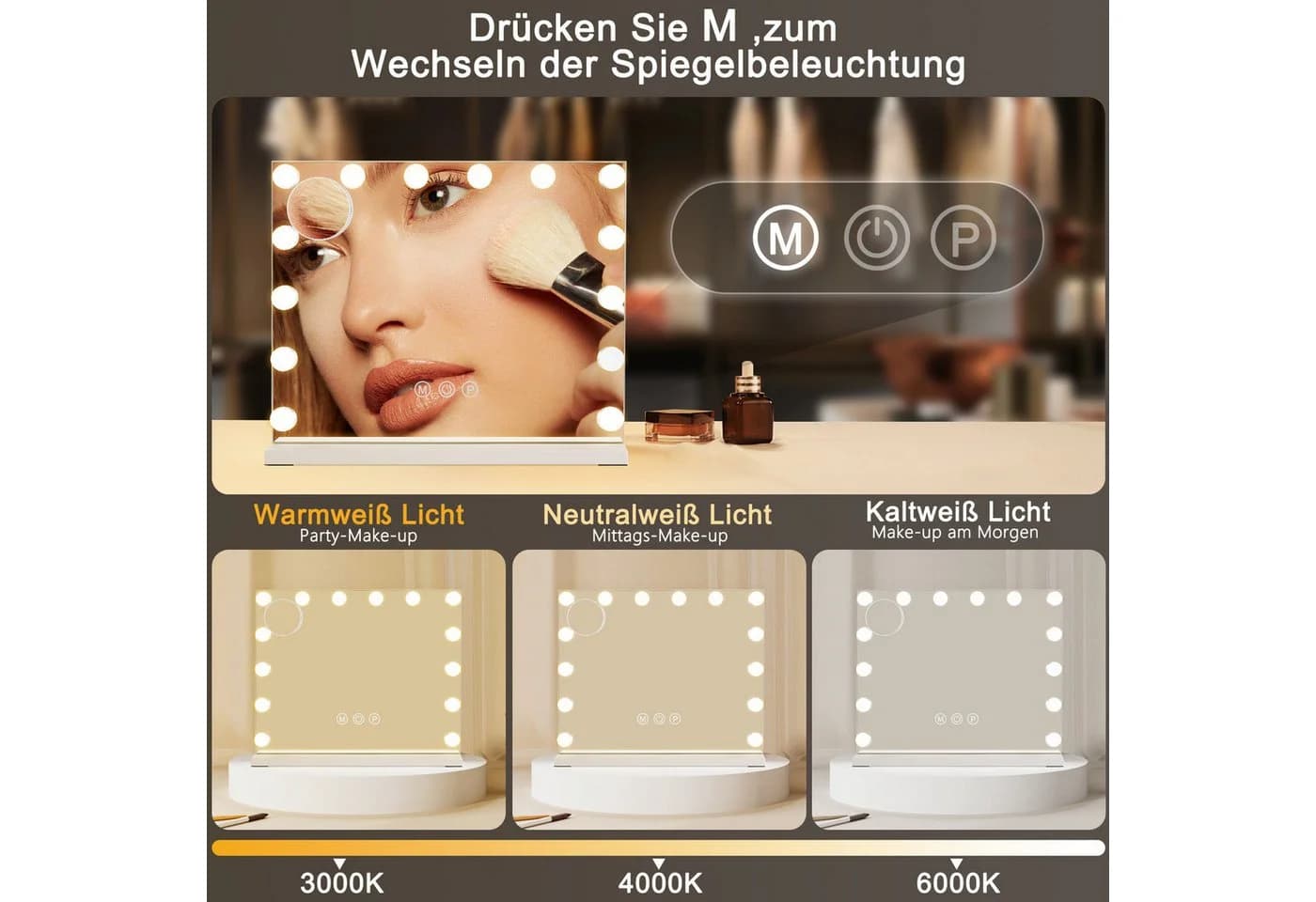Nettlife Schminkspiegel mit Beleuchtung Dimmbar 50x40cm Hollywood 15 LED Spiegel - Bild 3