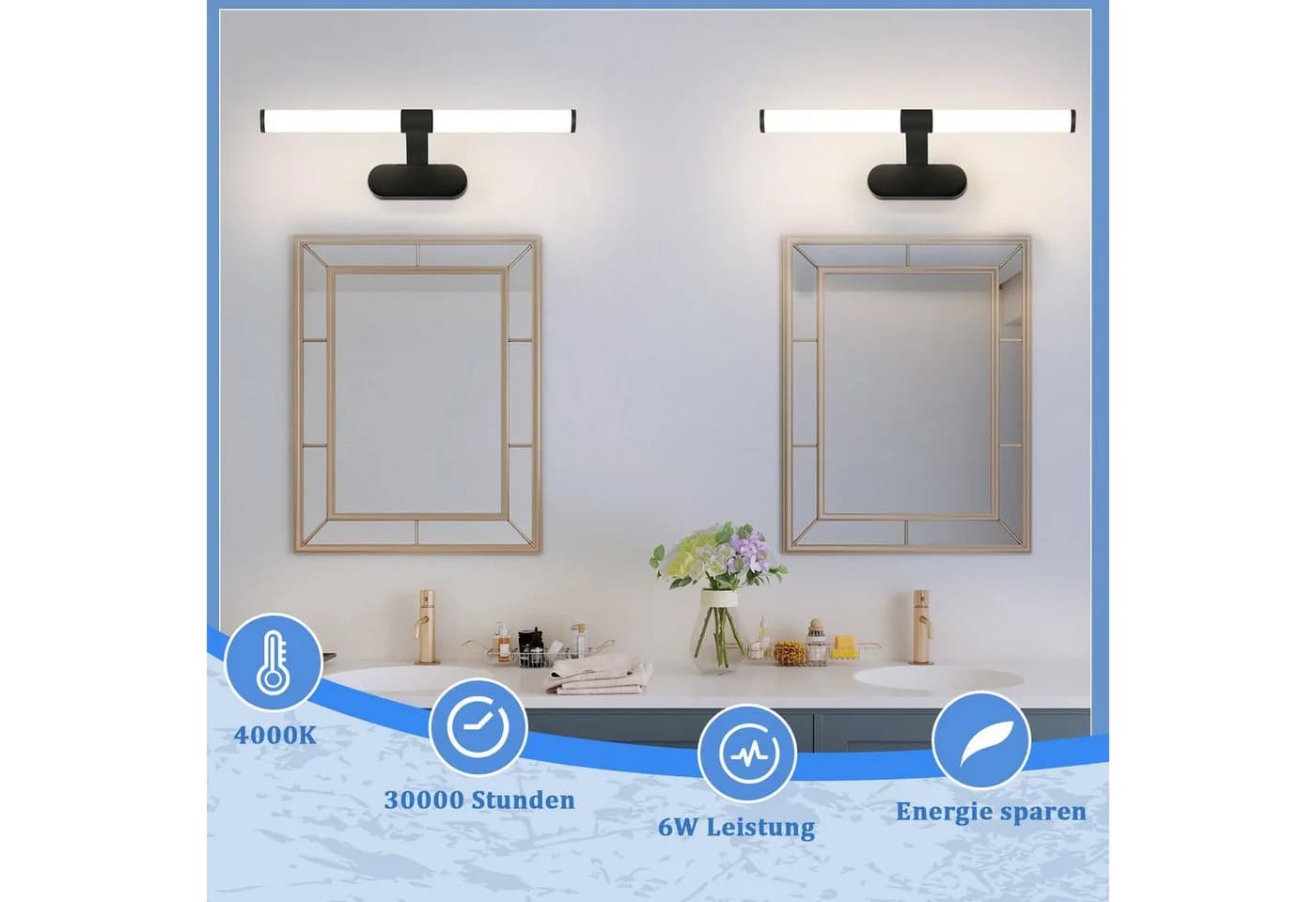 Nettlife LED Spiegelleuchte Schwarz 6W/8W 4000K 40/60CM Spiegellampe