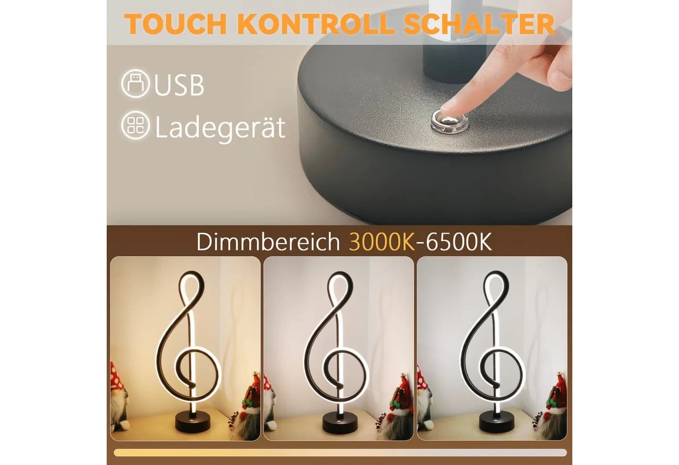 Nettlife LED Tischleuchte Nachttischlampe Kabellos Touch Dimmbar Schwarz