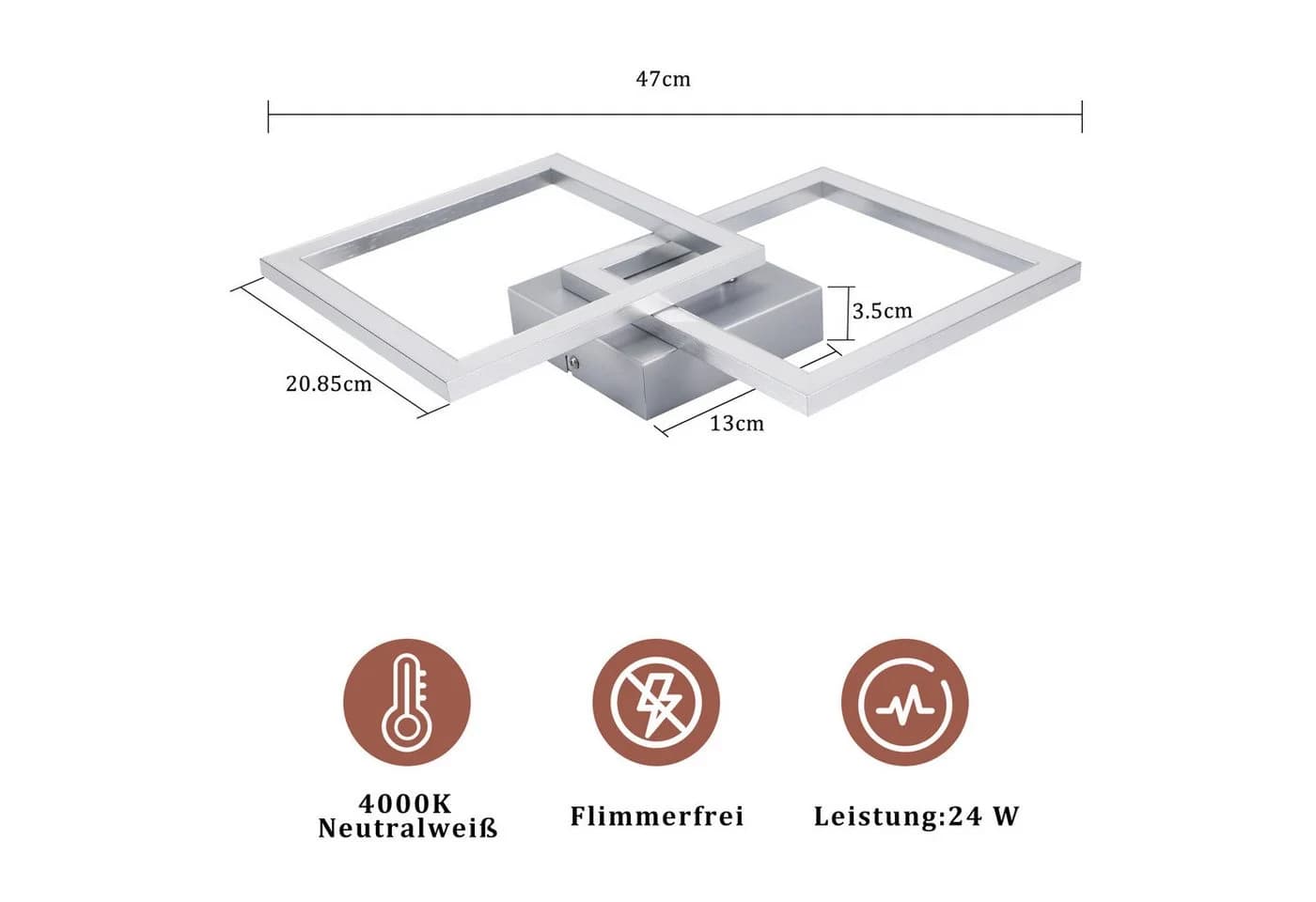 Nettlife LED Deckenleuchte Eckig Silber Modern 24W Metall 3000K Warmweiß - Bild 3