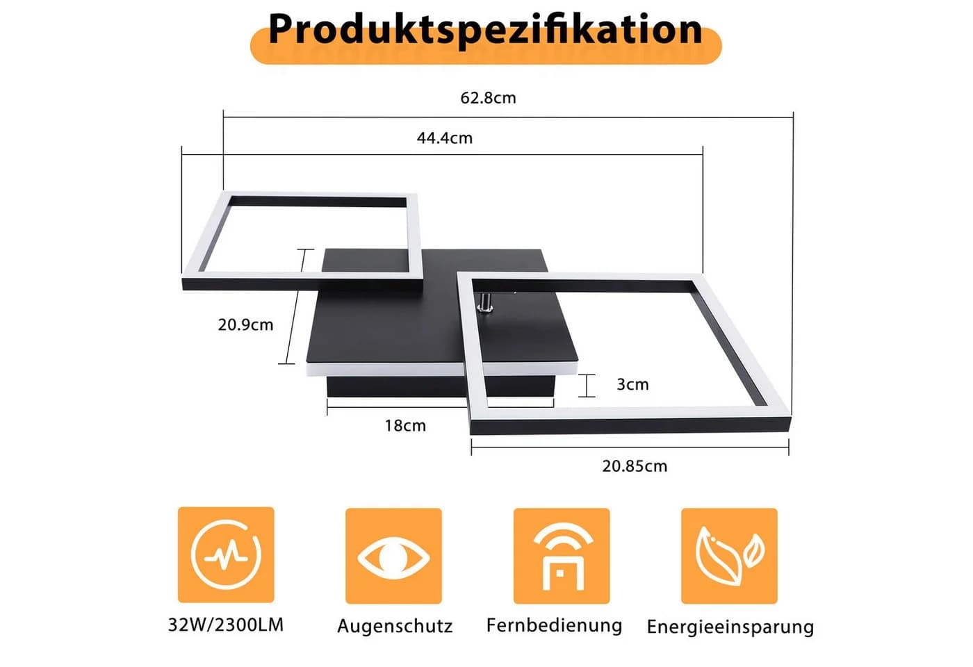 Nettlife LED Deckenleuchte Wohnzimmer Schwarz Dimmbar Eckig Modern 36W mit Fernbedienung - Bild 3