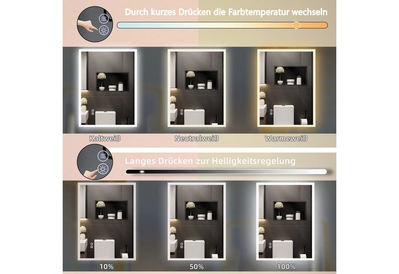 Nettlife Badspiegel mit Beleuchtung Rund 60cm Weiß Touch-Schalter Entfogger